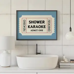 Bathroom Aesthetic Poster, Shower Karaoke Ticket Blue Print, Retro Print, Funny Wall Art, Trendy Cute Decor, Horizontal| Frameless Poster