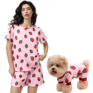 XPUDAC Matching Dog & Owner Pajamas Set for Women Short Sleeve Tee & Shorts,Owner and Pet Pajamas Are Sold Separately,Breathable Casual Loungewear Cute Strawberry Pattern Pet Outfit