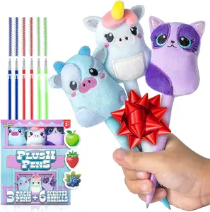BUNMO Plush Pens - Squishy & Cute Pens 3 Pack - 6 Scented & Glittery Refills