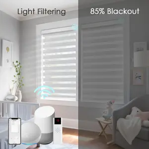 Motorized Zebra Blinds 20"-57" width, Remote controlled Roller Shutters for Windows,85% Blackout Fabric, Cordless Auto Horizontal Dual Layer Day and night Curtains for Bedroom, Living Room, Kicthen, Kids Room. White, Grey, Beige Color Roller Shutters