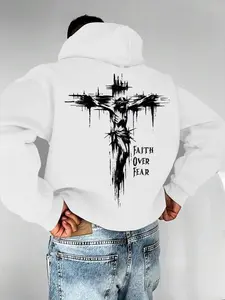 Men's Cross & Faith Over Fear Slogan Print Plush Lined Drawstring Hoodie Regular Fit Casual Comfy Thermal Warm Long Sleeve Kangaroo Pocket Design Hooded Sweatshirt for Spring & Fall Fashion Men's Top for Daily Wear