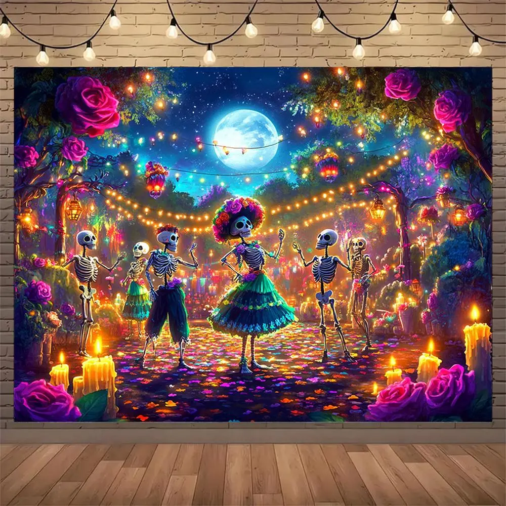 1pc 2D Flat Sugar Skull Calavera Catrina Banner Backdrop - UV-Printed Gothic Floral Home & Party Decor (Red, White, Black) for Halloween, Day of the Dead Parties, Polyester