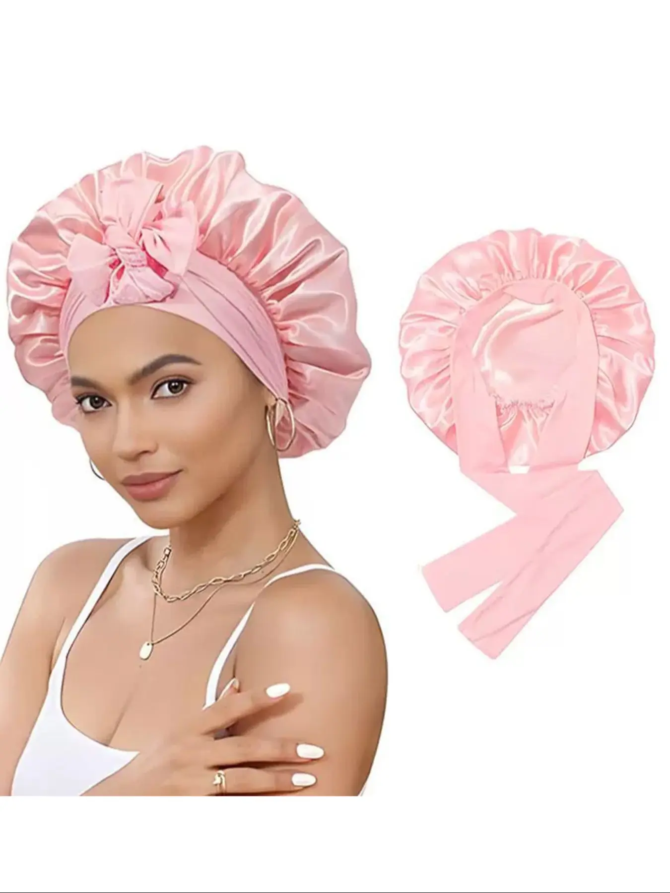 Women's Elastic Band Satin Sleep Cap, Adjustable Satin Bonnet, Silk-Like Bow Hair Hat, Casual Home Daily Hair Care, Soft Stretchy Fabric, All Seasons, Sleeping Bonnet