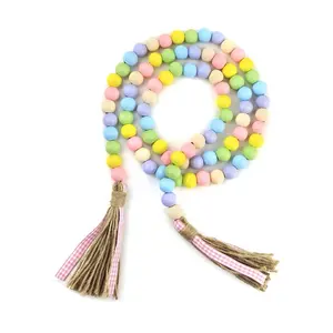 Easter Wood Bead Garland, Spring Beads Garland Decorations with Jute Rope Plaid Tassel, Farmhouse Rustic Garland for Tiered Tray Decor Easter Party Holiday Wall Hanging Basket Bead Décor, 35"