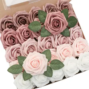 Artificial Flowers 25pcs Real Looking Dusty Rose Ombre Colors Foam Fake Roses with Stems for DIY Wedding Bouquets Bridal Shower Centerpieces Floral Arrangements Party Tables Home Decorations
