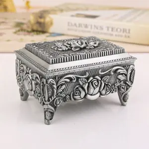 Vintage Metal Jewelry Box, High-End Rose Design, Zinc Alloy Desktop Organizer, Silver Color & Bronze Finish, Perfect Gift for Birthdays