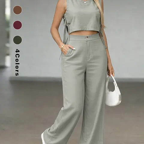 Women's Summer Set, Sleeveless Crop Top with High Waist Wide Leg Pants, Casual Two-Piece, Comfortable, Basic, Fashionable and