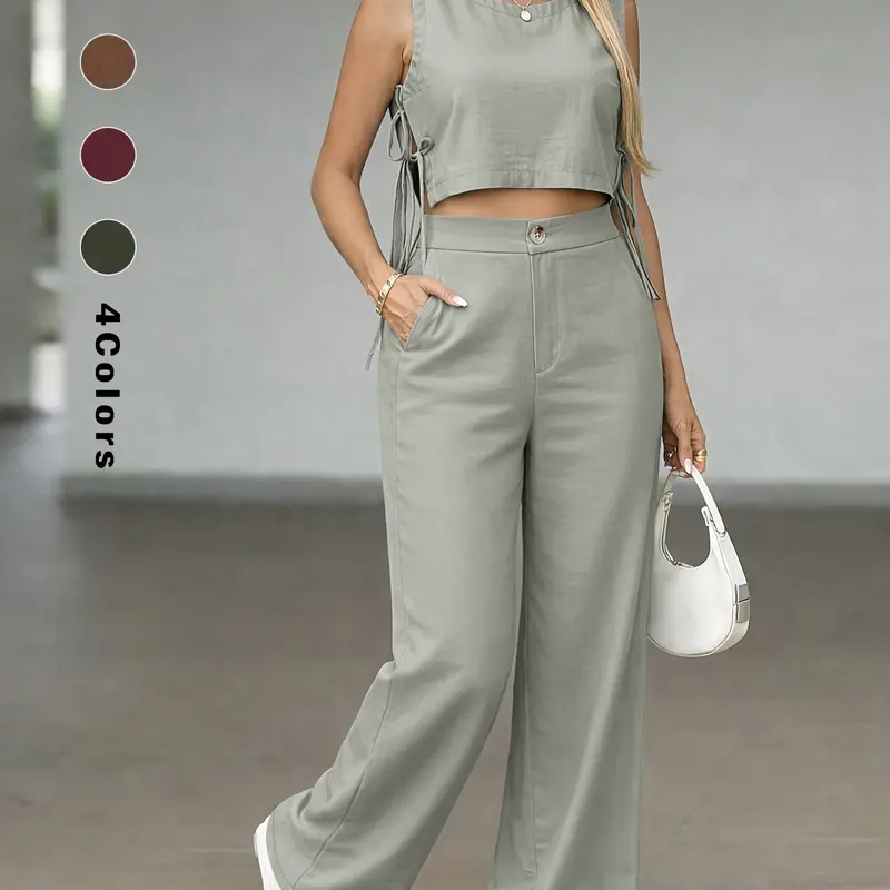 Women's Summer Set, Sleeveless Crop Top with High Waist Wide Leg Pants, Casual Two-Piece, Comfortable, Basic, Fashionable and