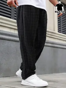 Men's Plus Size High-Quality Plaid Work Pants, Loose Fit Casual Trousers, Drawstring Waist Multi-Pocket Street Style Long Pants