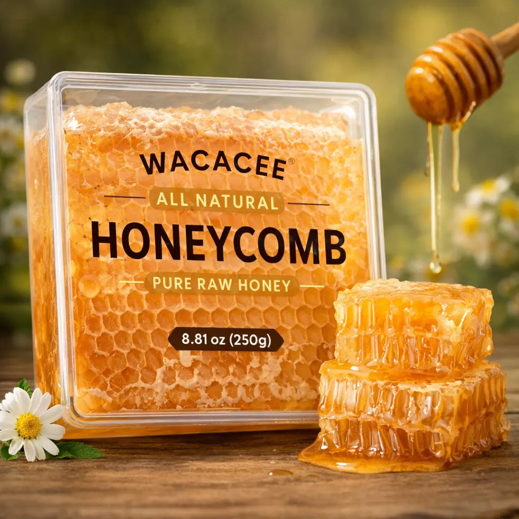 WACACEE Raw Honeycomb - Chewable No Added Sugar Natural Premium Flavor Honey, Ideal for Pairing with Cheese Platters, Toast, Tea, Yogurt, Perfect for Cupboard Storage