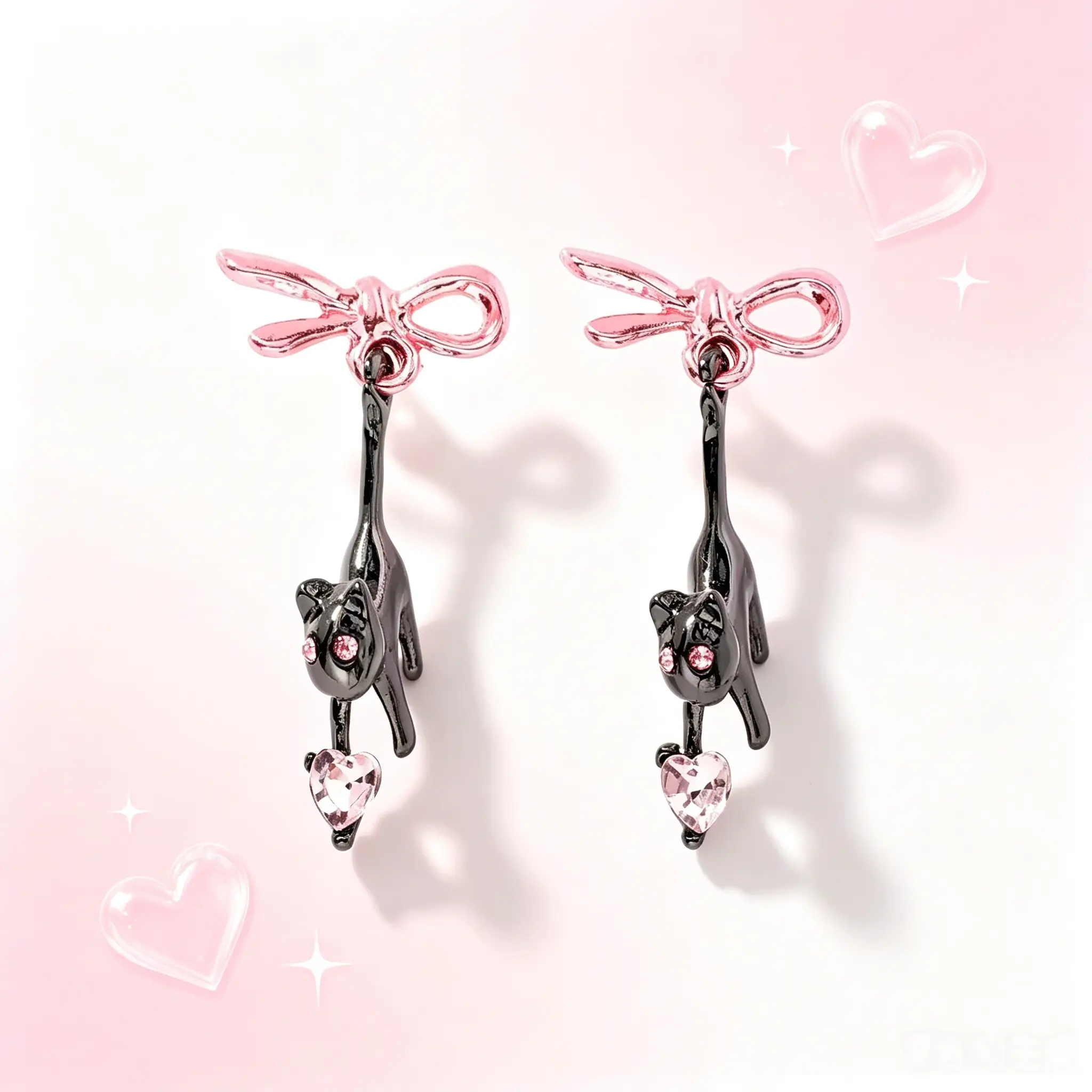 Whimsical Cute Kitten & Black Cat Stud Earrings with Pink Bow - Instagram Niche Design, Light Luxury, Trendy Sweet Fashion Costume Jewelry for Men