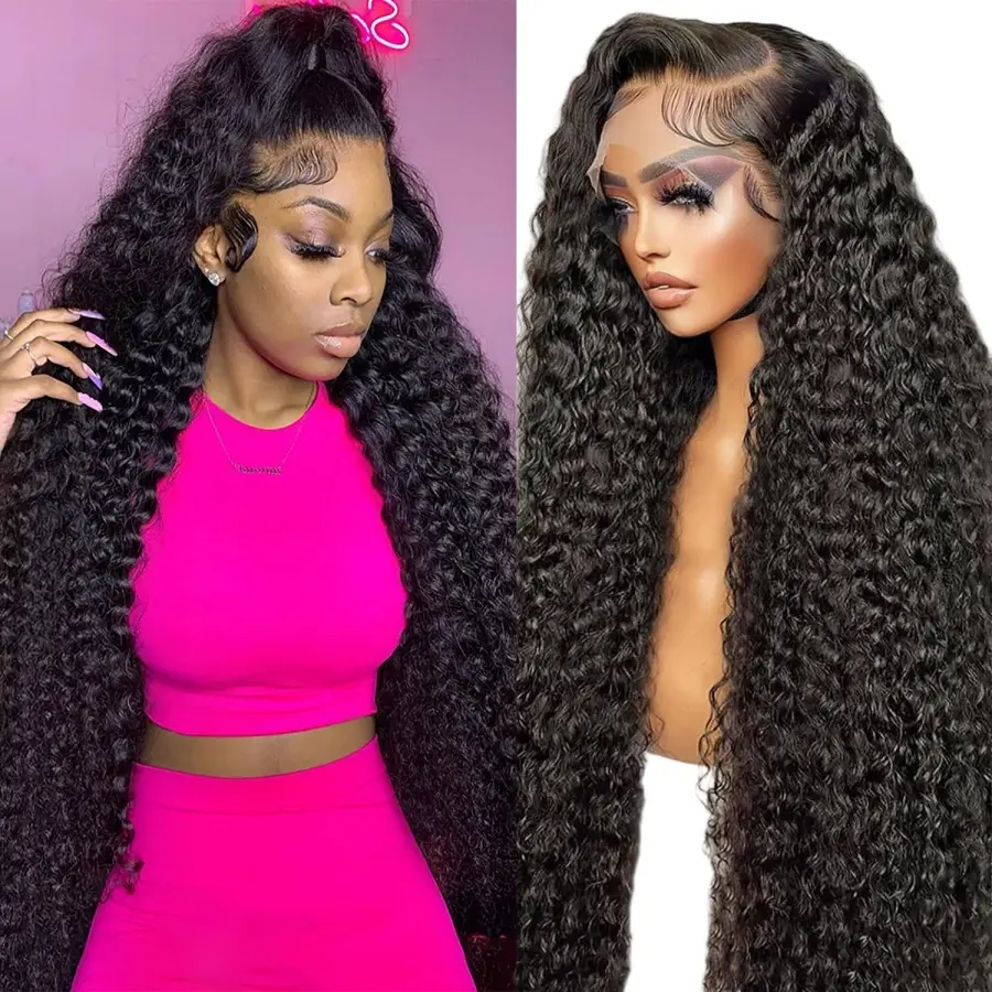 Deep Wave Lace Front Wigs Human Hair 180% Density Curly Human Hair Wigs for Women 13x4 HD Transparent Lace Frontal Wig Wet and Wavy Brazilian Virgin Glueless Wigs Human Hair Pre Plucked with Baby Hair Natural Black Color