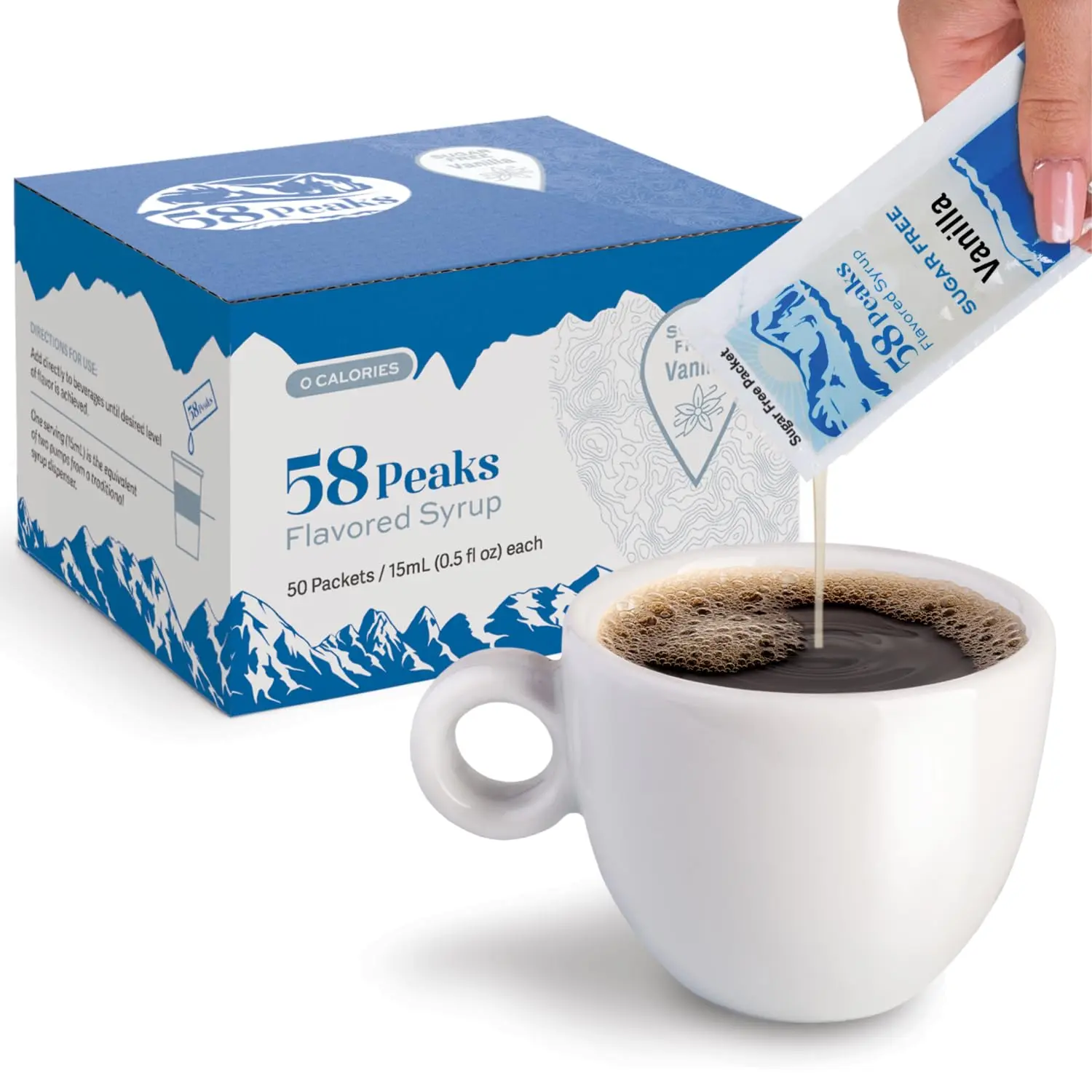 50 Count Sugar-Free Vanilla Syrup Packets for Coffee & Drinks, To-Go Single Serve, 15mL, 58Peaks
