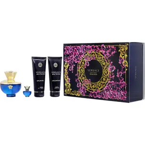 Versace Dylan Blue Set-Eau De Parfum Spray 3.4 Oz & Body Lotion 3.4 Oz & Shower Gel 3.4 Oz & Eau De Parfum 0.17 Oz Mini For Women Versace Dylan Blue Set-Eau De Parfum Spray 3.4 Oz & Body Lotion 3.4 Oz & Shower Gel 3.4 Oz & Eau De Parfum 0.17 Oz Mini For Women