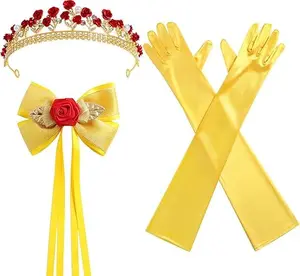 Pack Of 3 Women's Dress Up Party Rose Crown Tiara, Hair Bow & Yellow Gloves,Ideal for Princess Cosplay Themed Tea Parties