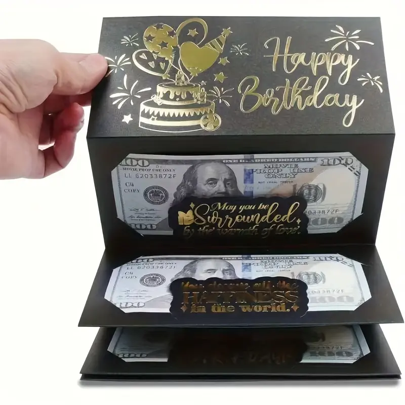 1pc Surprise Birthday Party Cash Dollars Gift Envelope Elegant Black and Gold Design with 6 Slots Perfect for Men and Women Festive Money Wallet Unique Theme Keepsake for Any Birthday Celebration Exciting Surprise Gift