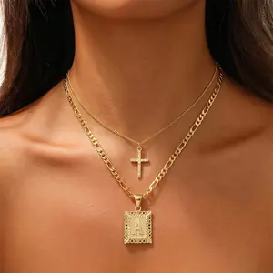 Gold Layered Initial Cross Necklace, 14K Gold Plated Layering Square Letter Pendant Figaro Chain Cross Choker from A-Z Capital Jewelry for Women Girls
