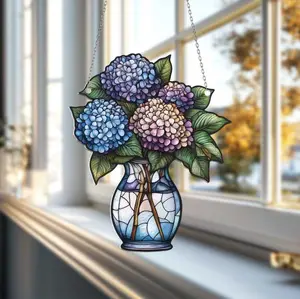 Hydrangea Flower Vase Window Hanging, Stained Glass Decoration,Suncatcher Gift for Mom or Dad, Floral Home Decor, Beautiful Mothers Day Gift