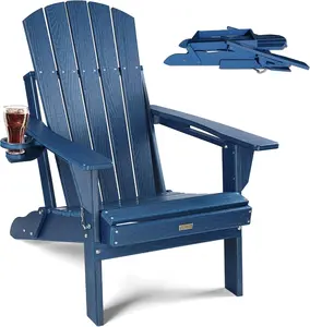 Folding Adirondack Chair with Cup Holder, HDPE Plastic Adirondack Furniture, Composite Fire Pit Chairs for Outdoor, Backyard, Garden, Lawn, Deck, Porch, Patio