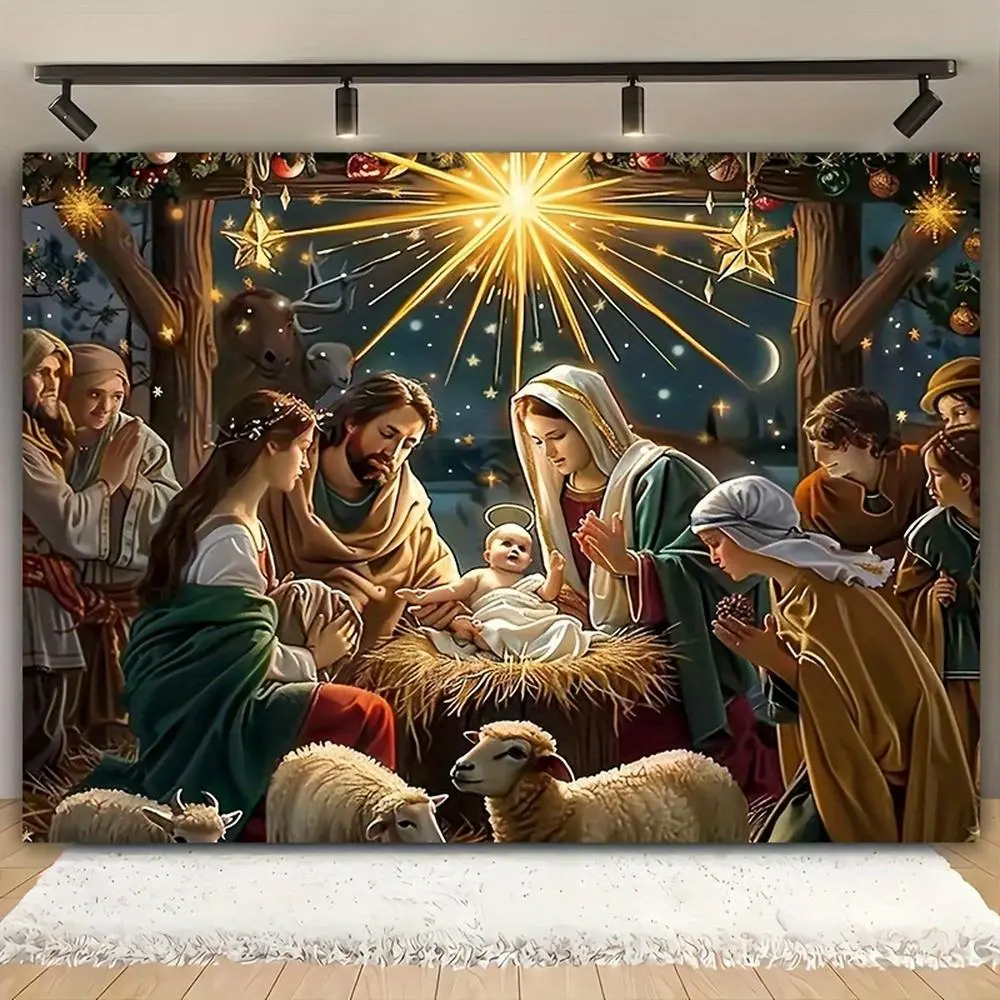 1pc Soft Durable Polyester 2D Flat Christmas Nativity Wall Hanging Banner - Winter Night Theme with Animals, Light, Stars, Baptism Elements, Festival Party Supplies, Living Room Wall Hanging Backdrop