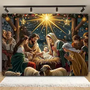 1pc 2D Flat Christmas Nativity Scene Backdrop - Winter Night with Sheep, Light & Stars, Baptism Theme, Polyester, Perfect for Living Room, Outdoor Decor, Live Streaming Photo Booths (cm / cm