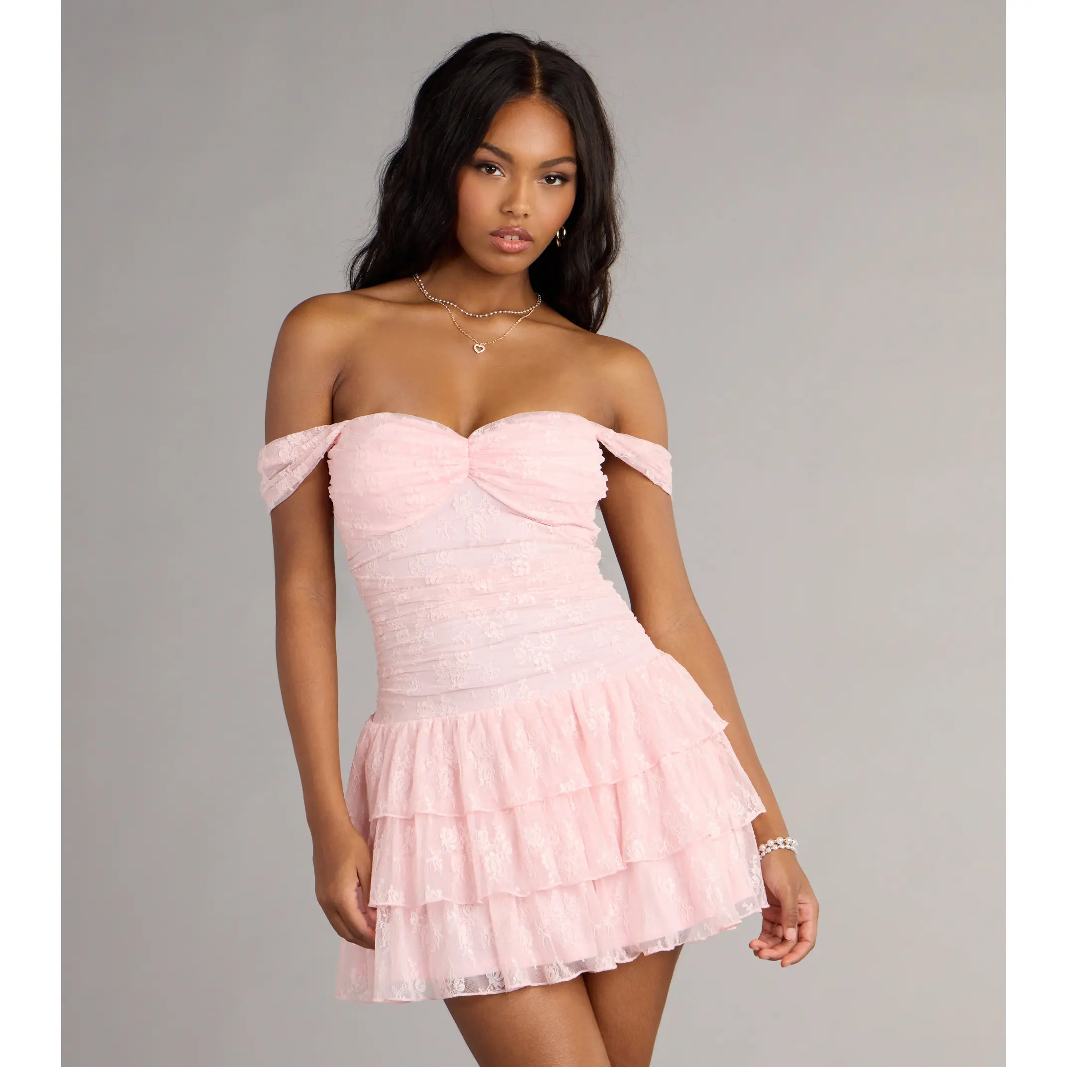 Romance Language Off-The-Shoulder Lace Mini Dress