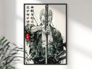[Sale Up To 40%] [Unframed] Zoro Inspired Poster, One Piece Samurai Ink Print, Minimalist Anime Decor