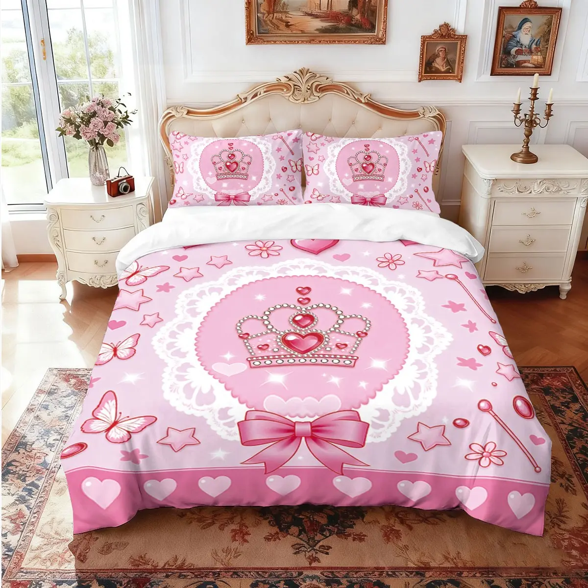 This 3-piece bedding set, Decorative bedding set (1 duvet cover + 2 pillowcases, no filling) Bedding Supplies features a pink princess-style print with bows, lace. Soft and comfortable, perfect for room decor, makes a wonderful gift