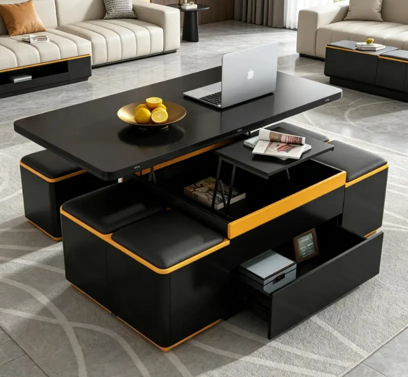 VIBE HAUS Lift-Top Coffee Table with Storage Stools - Modern Foldable Top Adjustable Multi-Functional Center Table for Living Room