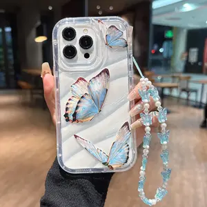 Butterfly Pattern Phone Case with Beaded Chain, Decorative Phone Protector Cover, Phone Accessories Compatible with iPhone 11 12 13 14 15 16 Pro Max