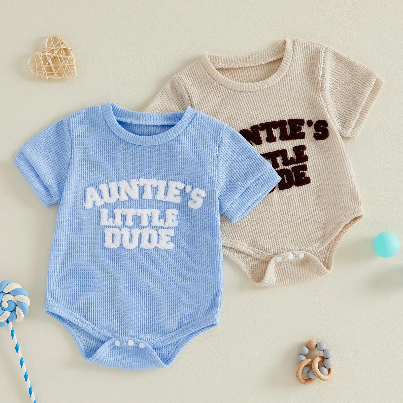 Canrulo Aunties Little Dude Baby Clothes Newborn Boy Summer Outfit Embroidery Letter Bodysuit Short Sleeve Waffle Romper