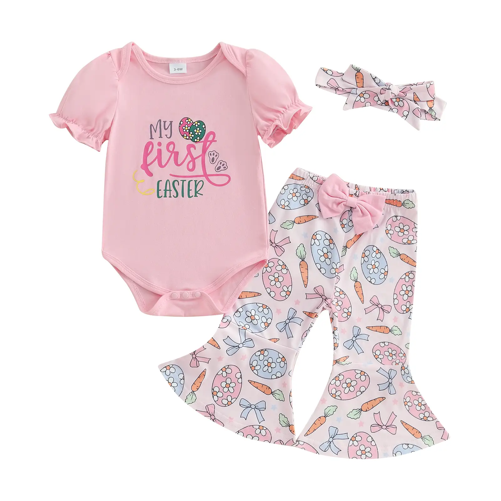2025 My First Easter Baby Girl Outfit Infant Short Sleeve Romper Bunny Print Flare Pants Bell Bottoms Set 3Pcs