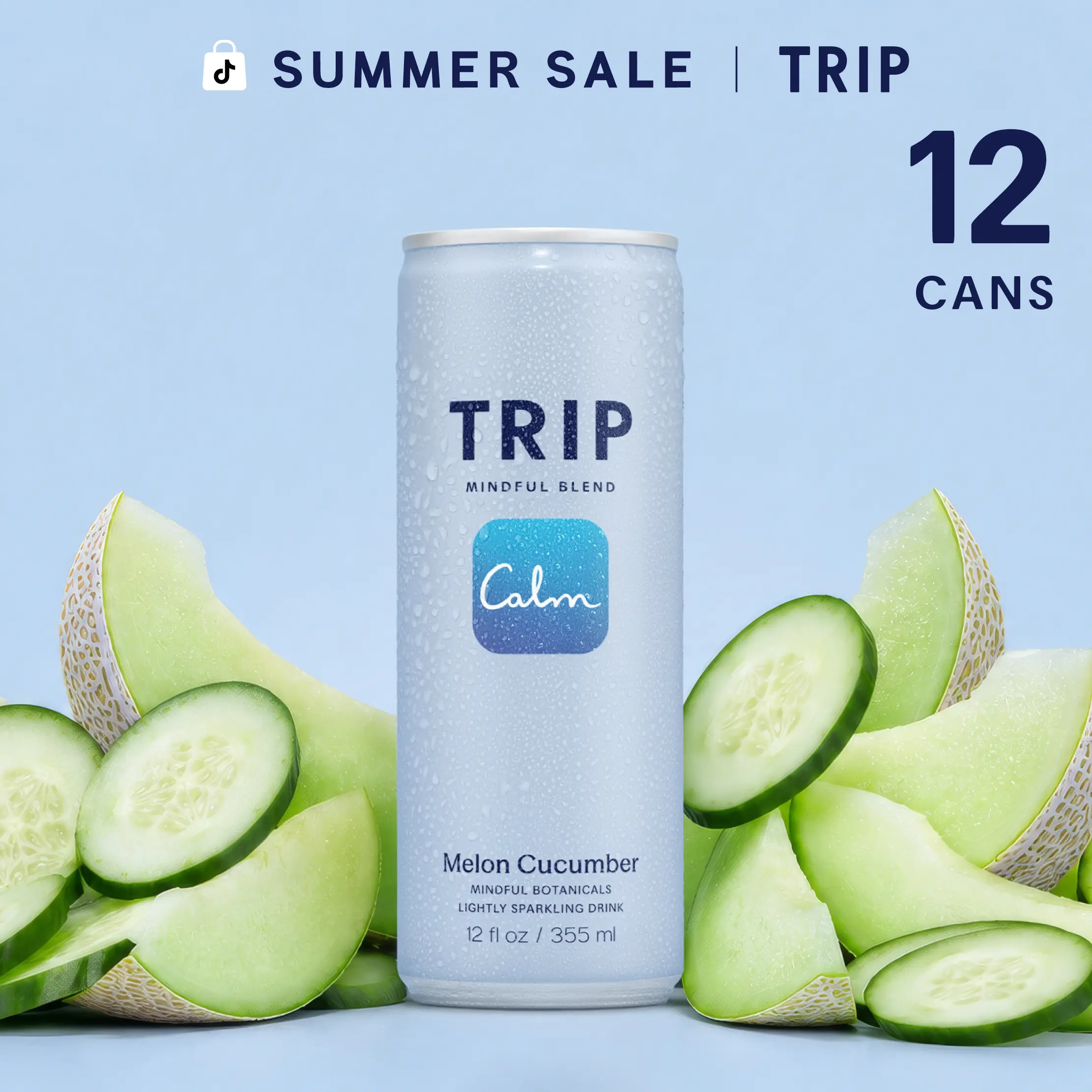 TRIP Melon Cucumber Sparkling Magnesium Drink — 120mg Magnesium, Ashwagandha, Lion's Mane, L-Theanine, Non-Alcoholic, Low Calorie, Vegan (12-Pack, 12oz)