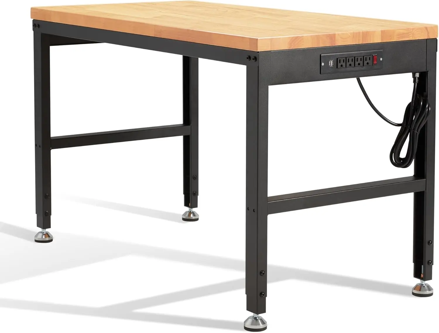 Height Adjustable Heavy-Duty Workbench - 48"x24" Rubberwood Desktop, 2000 Lbs Capacity, Steel Frame, Built-In Power Outlets, Smooth Finish, Easy Setup, Heavy Duty Worktables for Garage, Office homeessentials