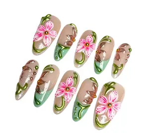 NailBee Handmade 3D Pink & Cream Flower Press On Nails, Embossed Shell Texture Short Almond Fake Nails With Pearl & Gold Metal Stud Elegant Reusable Glue On Nail Tips For Wedding Daily Manicure