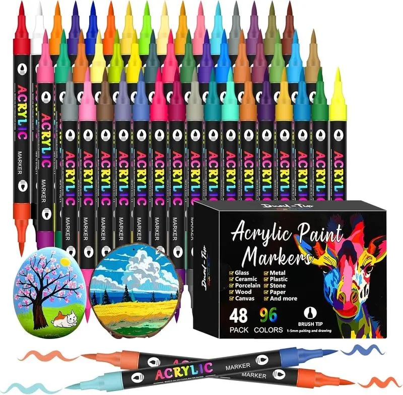 Dual-Tipped Acrylic Painting Pen Set (48/72/96 Color Rich Palette) - Multipurpose Art Supplies for Rocks to Glass Art, Home & Festive DIY Crafts, School Supplies Kit