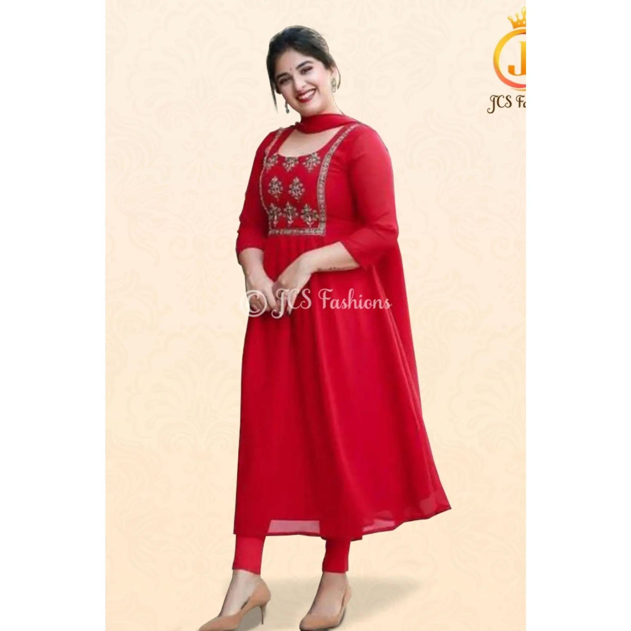 Women's Traditional Anarkali Kurti Set, Embroidered Georgette Fabric Top with Crepe Bottom and Dupatta, Flared Gown Style Festival Wear, Lady, Clothes, Embroidery, Matching, Soft, Statement, 2 Meters Flare