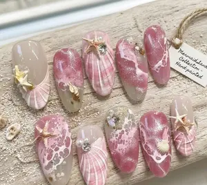 3D Seashell Mermaid Press on Nails, Hand Painted Ocean Wave Nail Art, Almond Set