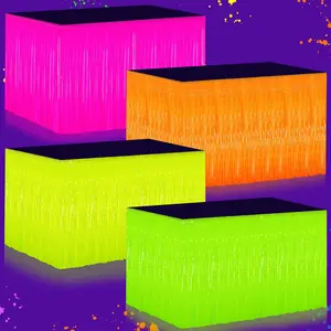 Glow in the Dark Party Supplies - 4Pack Neon Party Decoration UV Reactive Tinsel Foil Fringe Table Skirts, 31.5" x 118" Fluorescent Neon Streamers for Birthday, Rave, Blacklight, Glow Event