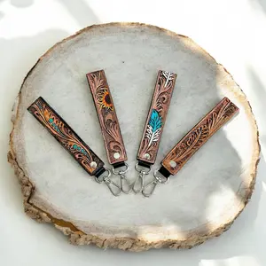 Western Hand-Tooled Leather Wristlet Keychain – Cowgirl Style Lanyard Strap Key Fob for Keys, Wallet, Phone, Durable Boho Western Accessory Gift for Women & Men