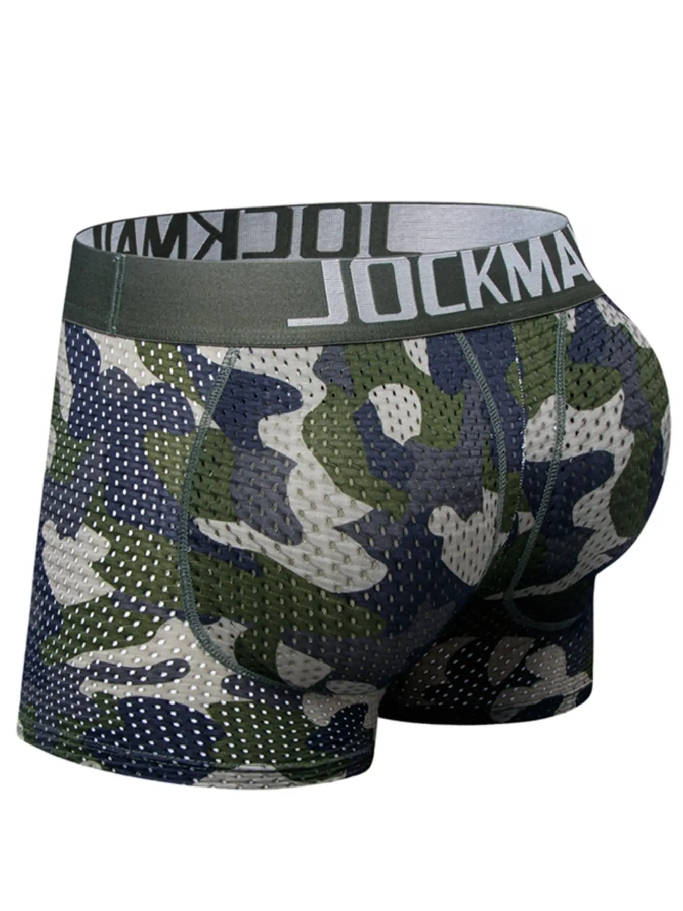 Men's Camo Print Low Waist Detatchable Padded Boxer Brief, Casual Breathable Underwear For Daily Wear, Comfy Underwear For Men, Men's Underwear For All Seasons, Camouflage Menswear, Undergarments, Stretchy Boxer Briefs, Casual Style Underwear