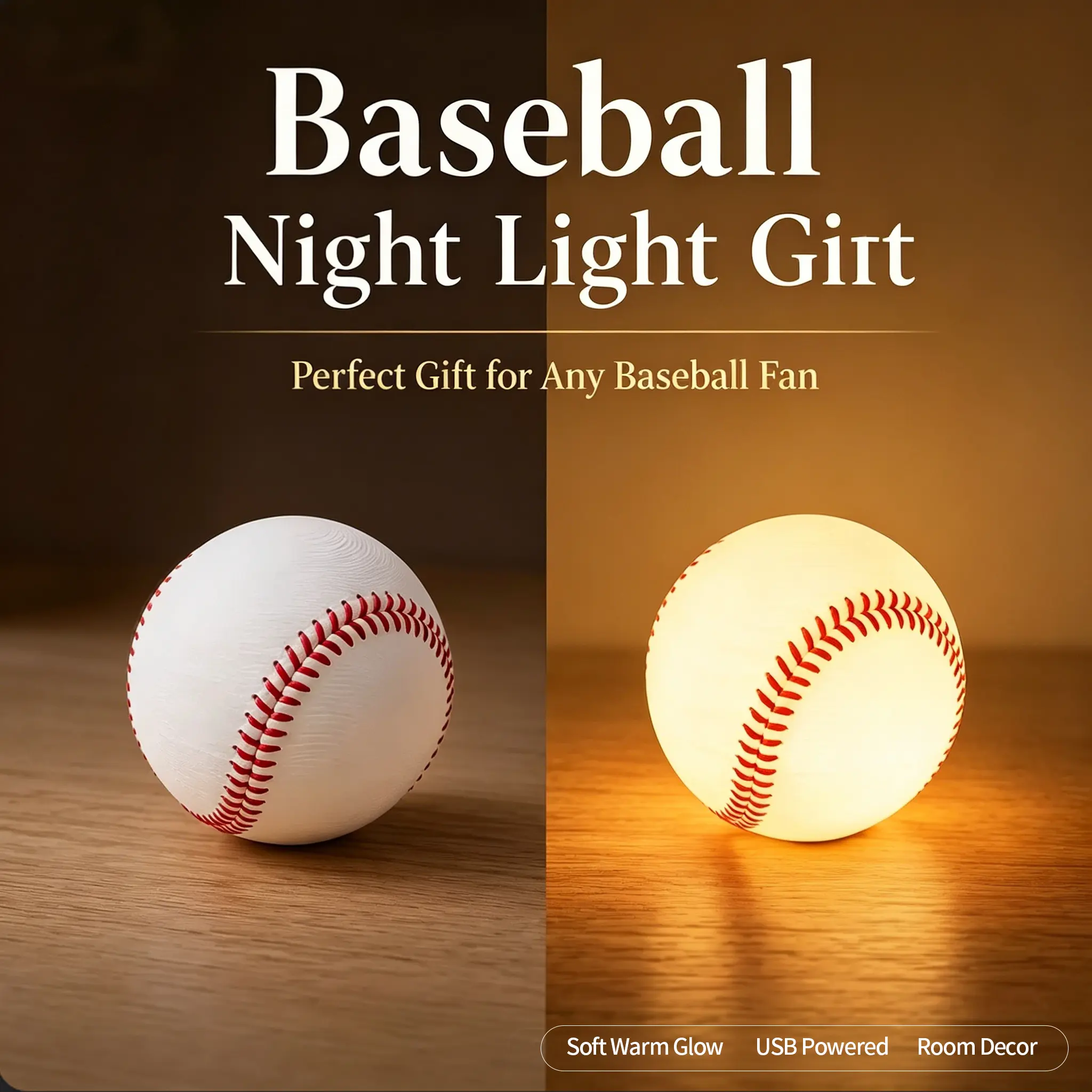 Baseball-Shaped LED Night Light - Magnetic Base, Touch Operation, USB Powered, Sports Ambient Lighting, Dorm Decoration, Father’s Day Gift, 21st Birthday Gift Ideas for Baseball Fans