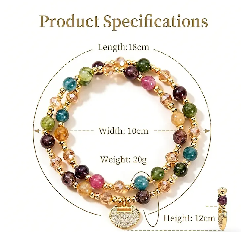 Rainbow Tourmaline Bracelet for Women, Double Layer Bohemian Jewelry with Beaded Strands and Longevity Lock Charm, Double Layer Bracelet, Elevate Your Style, Colorful Mix