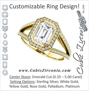 Cubic Zirconia Engagement Ring- The Maritza (Customizable Bezel-Halo Emerald Cut Style with Pavé Split Band & Euro Shank)