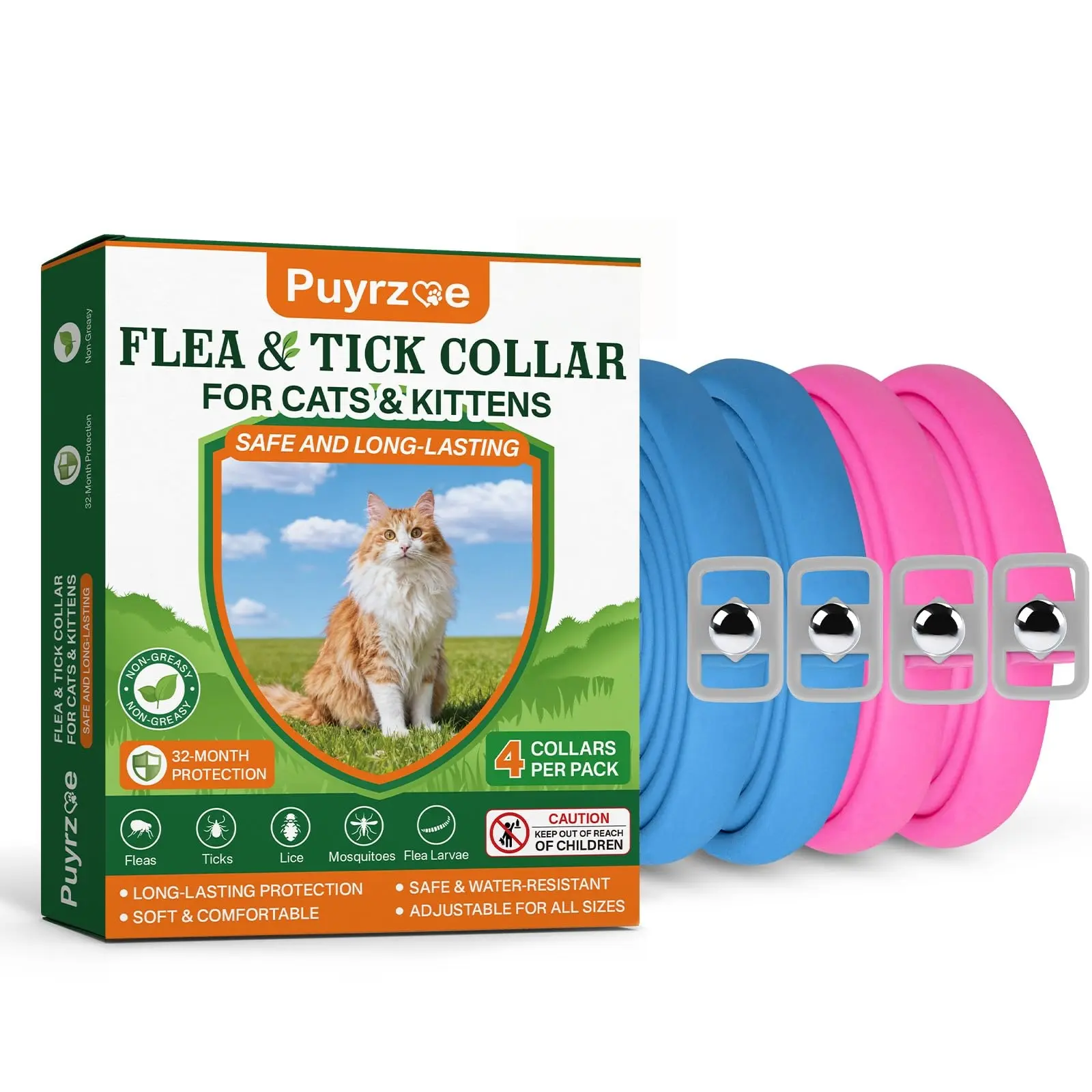 Puyrzoe Flea Collar for Cats 4 Pack, Natural Cat Flea and Tick Prevention Collar, 32-Month Full Protection, Adjustable Cat Flea and Tick for Kittens and Cats, Waterproof, 2 Pink & 2 Blue