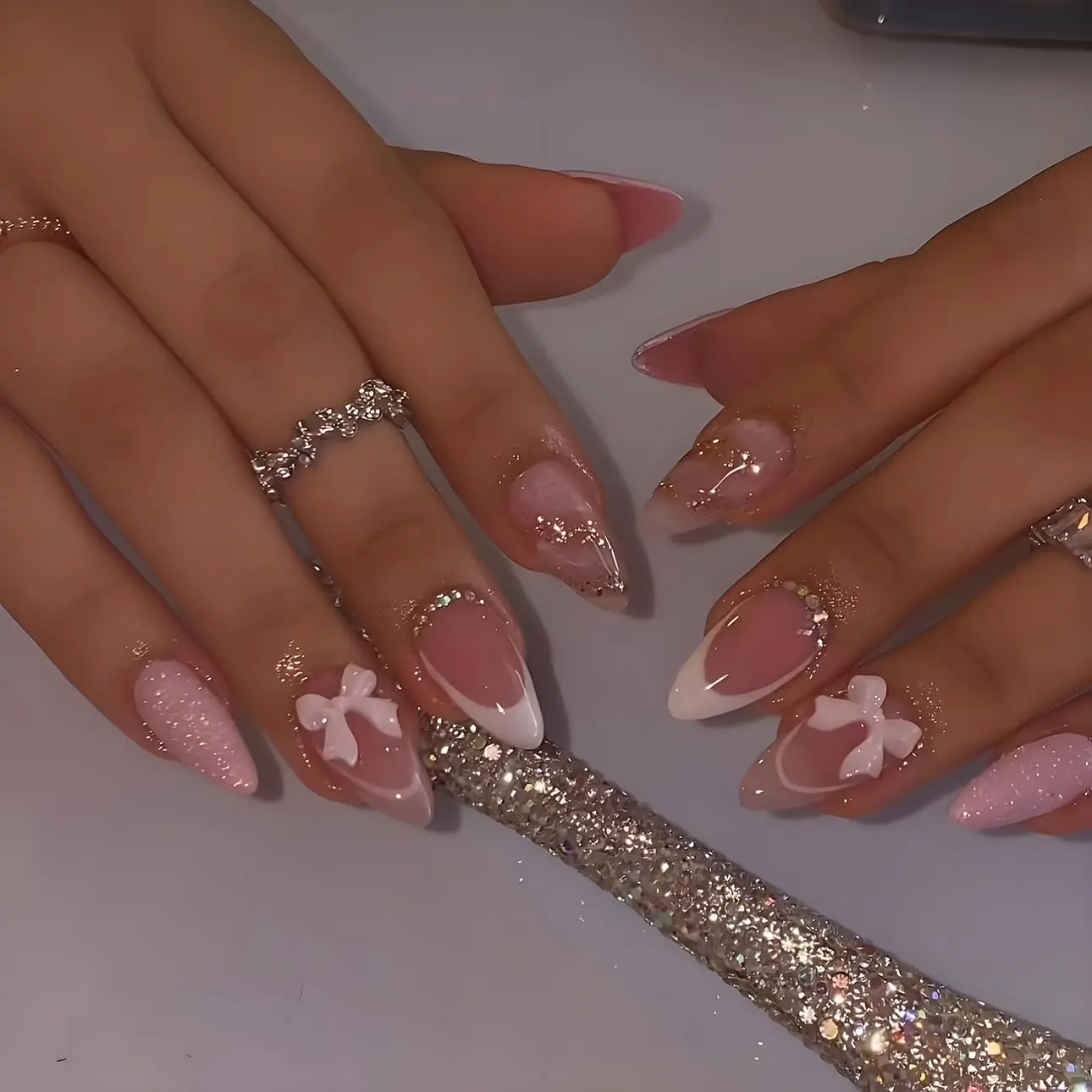 Women's Almond French Tip Press-on Nails Beauty Products - Medium Reusable False Nails with 3D Bow, Diamond Glitter Designs, Glossy Finish, Glue Tabs - 24Pcs Manicure Kit