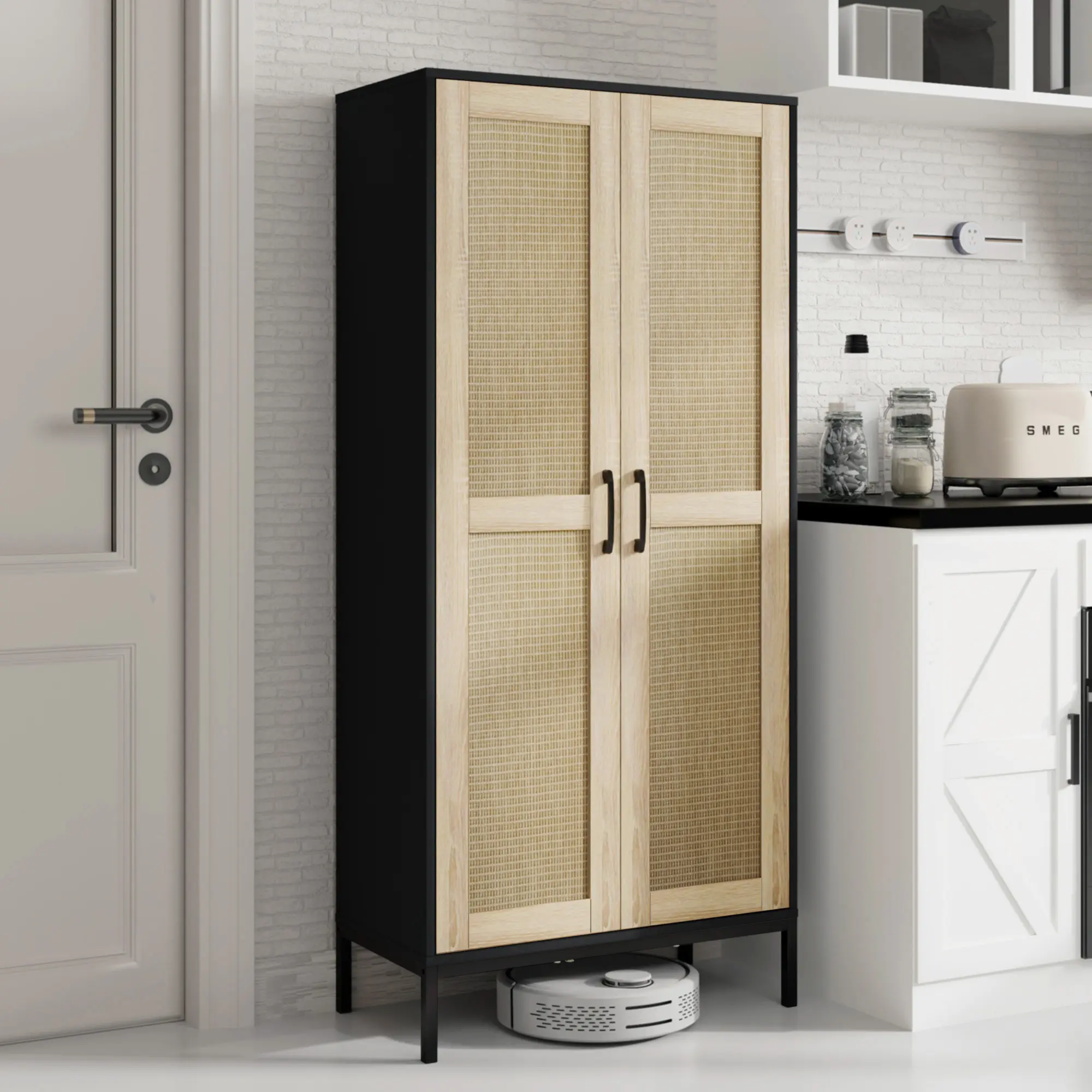 60" Tall Farmhouse Rattan Chest Freestanding Kitchen Pantry Storage Cabinet, 2 Doors, 3 Adjustable Shelves, Spacious Furniture for Kitchen, Living Room