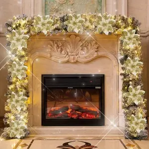 Golden Beige Glitter Christmas Flowers Festive Wreaths Tree Decor