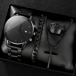 Men's 4-Piece Alloy Vintage Jewelry Set - Round Dial Watch, Bracelet, Necklace, Ring - Suitable for Casual, Formal Wear, Ideal for Birthday, Valentine's Day Gifts, Four Pieces