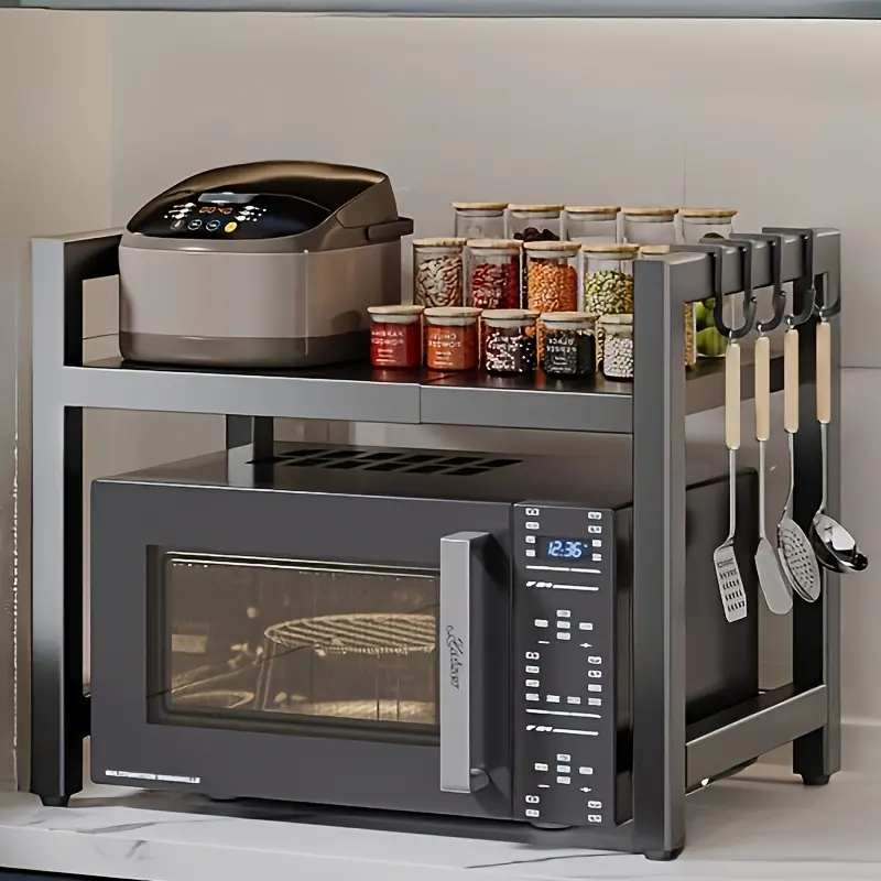 Kitchen storage rack, suitable for microwave and oven | Black metal countertop organizer with open shelves, ideal for storing spices, tableware, cookware, and appliances | Functional kitchen rack | Gun gray metal frame